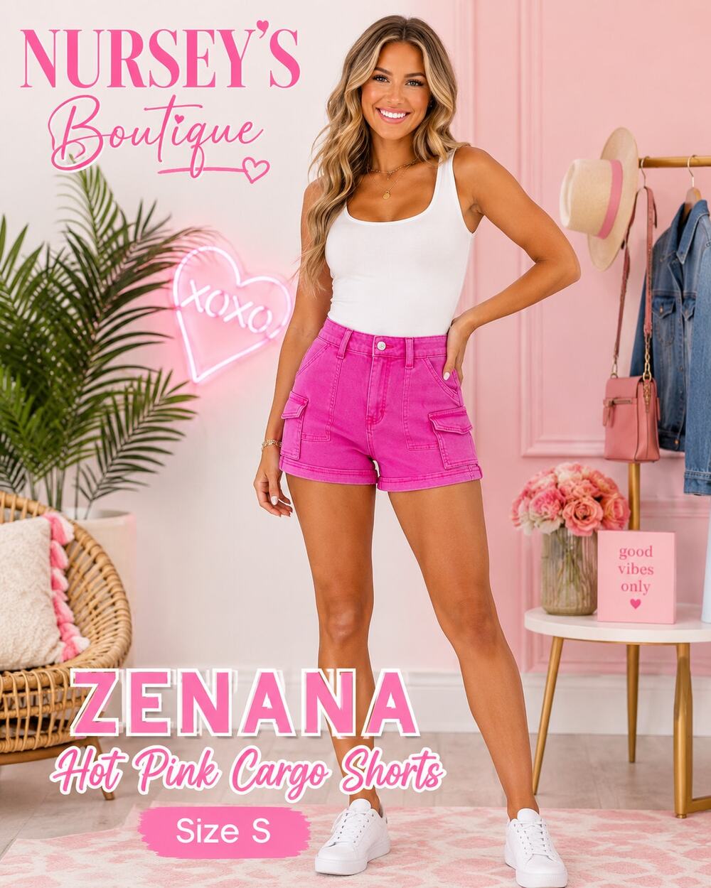 Zenana Hot Pink Utility Cargo Shorts NWT Size S Stretch High Rise DMP-1736Y